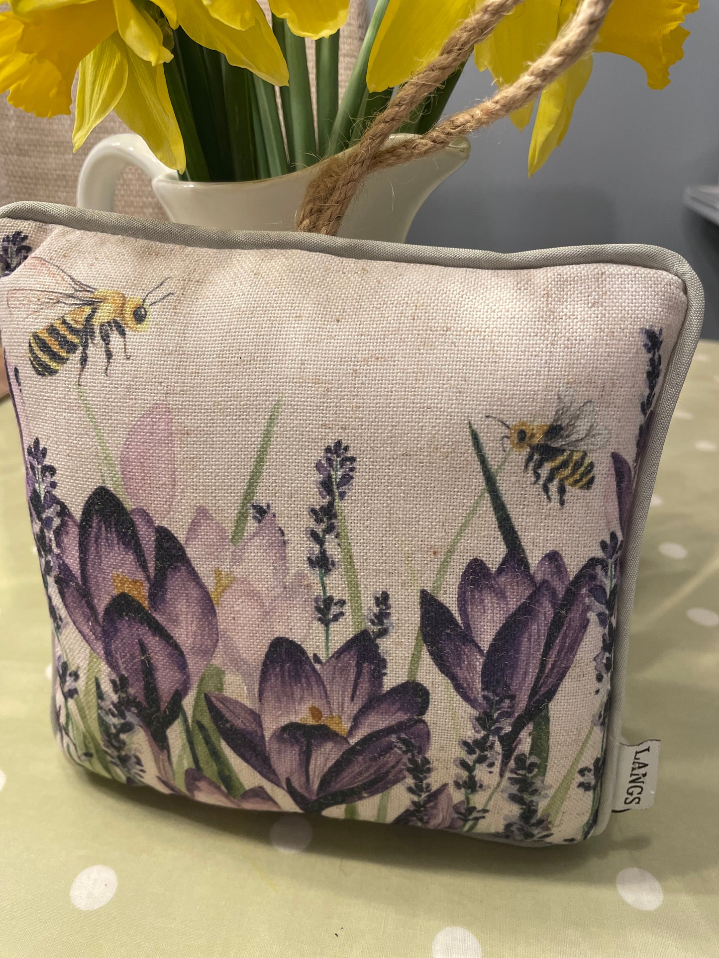 Crocus and bee design square hanging cushion