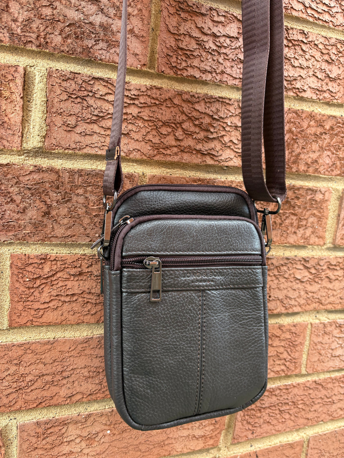 Leather style cross body strap bag zipped pockets coffee colour