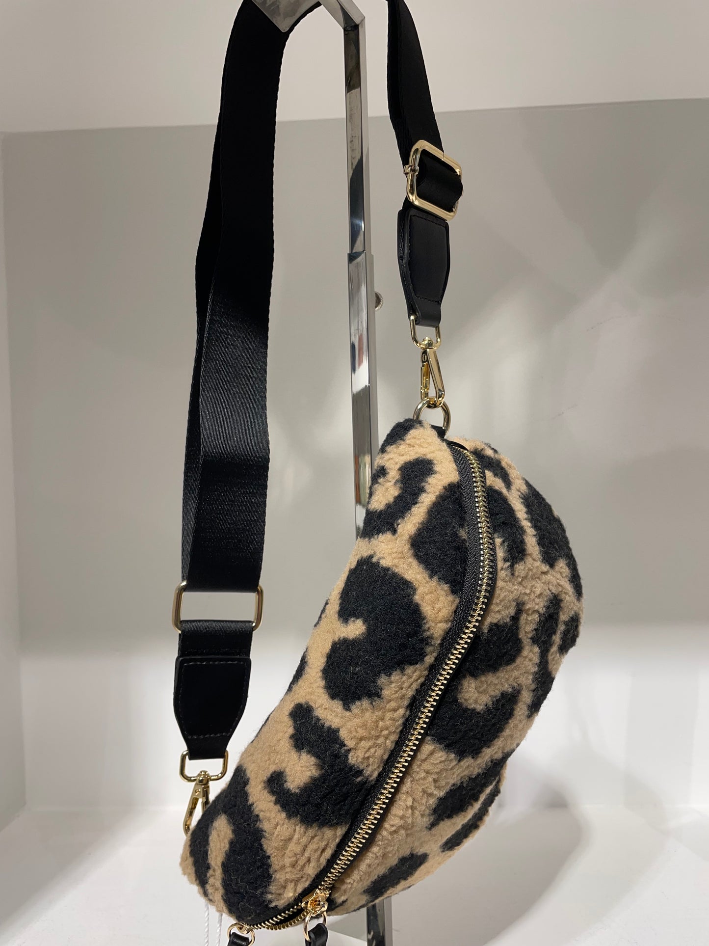 Teddy shearling cross body bag - black and cream