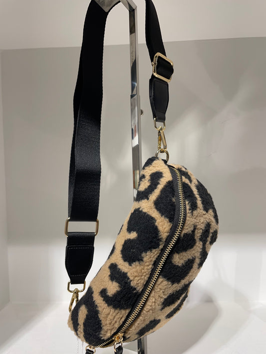 Teddy shearling cross body bag - black and cream