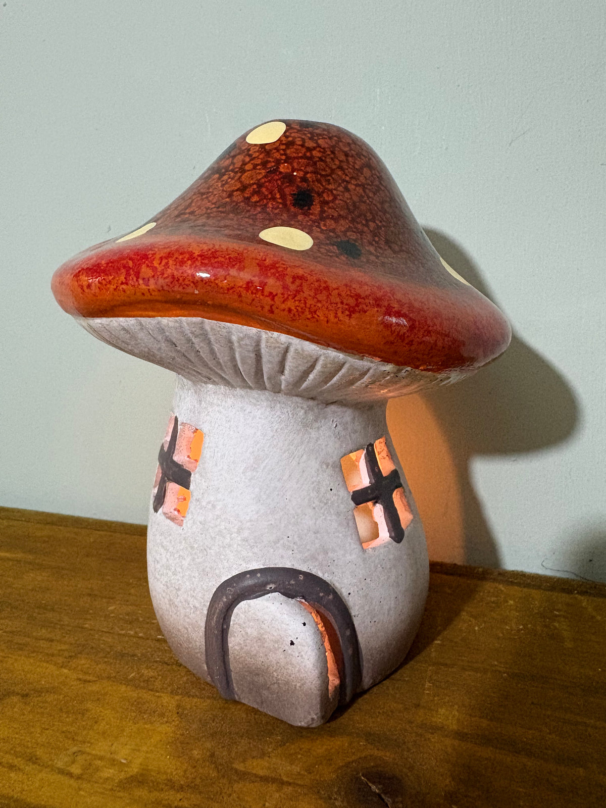 Red ceramic toadstool candle house pottery