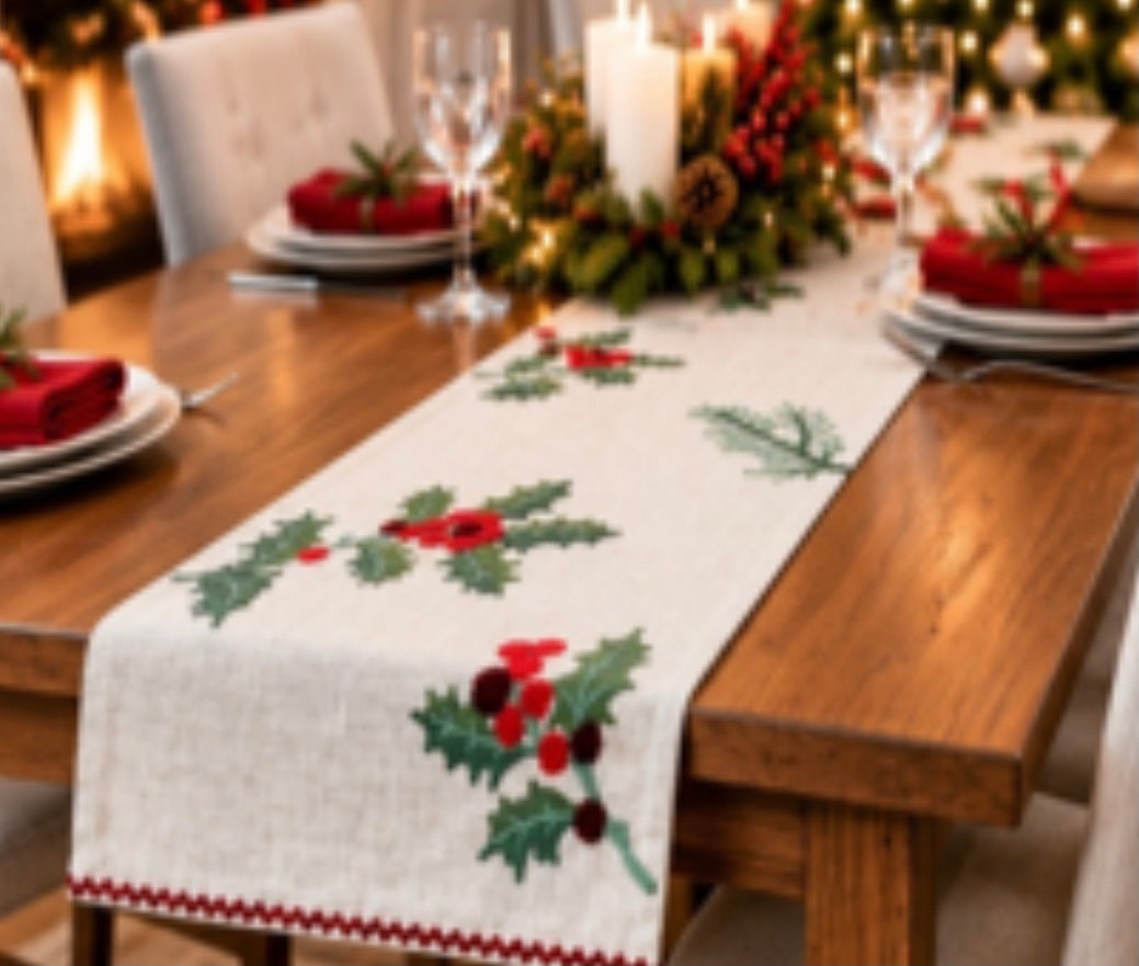 Holly Hedgerow festive embroidered table runner