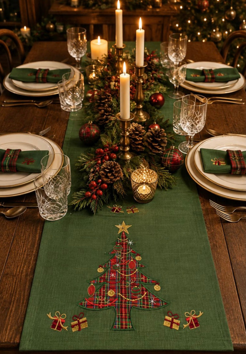 Christmas tree embroidered table runner