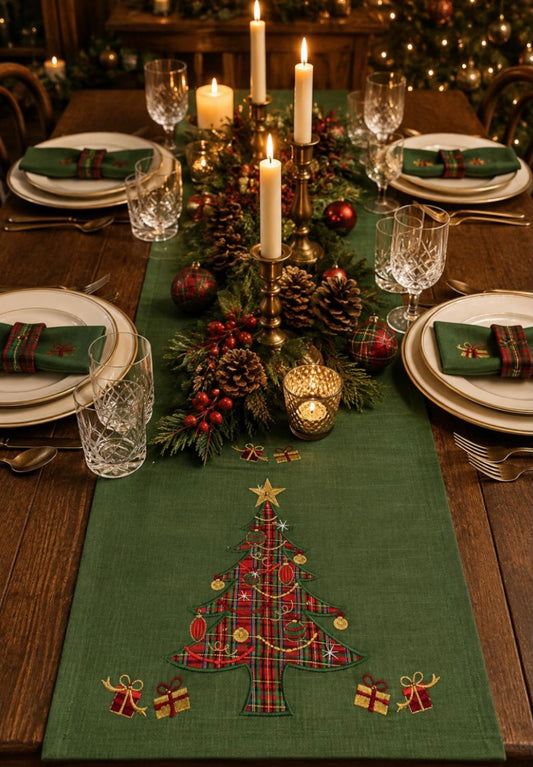 Christmas tree embroidered table runner