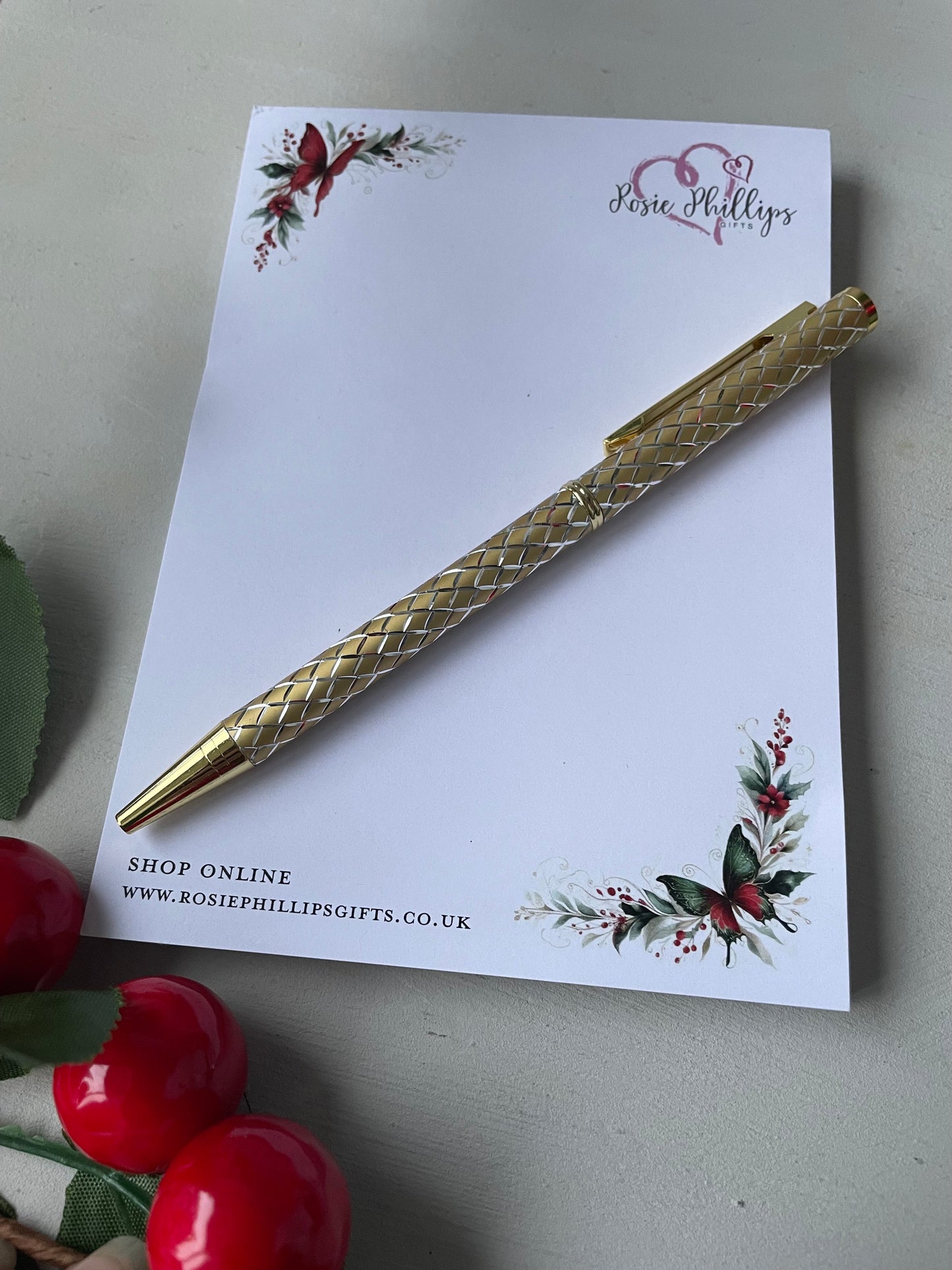 Rosie notepad and pen - festive flowers