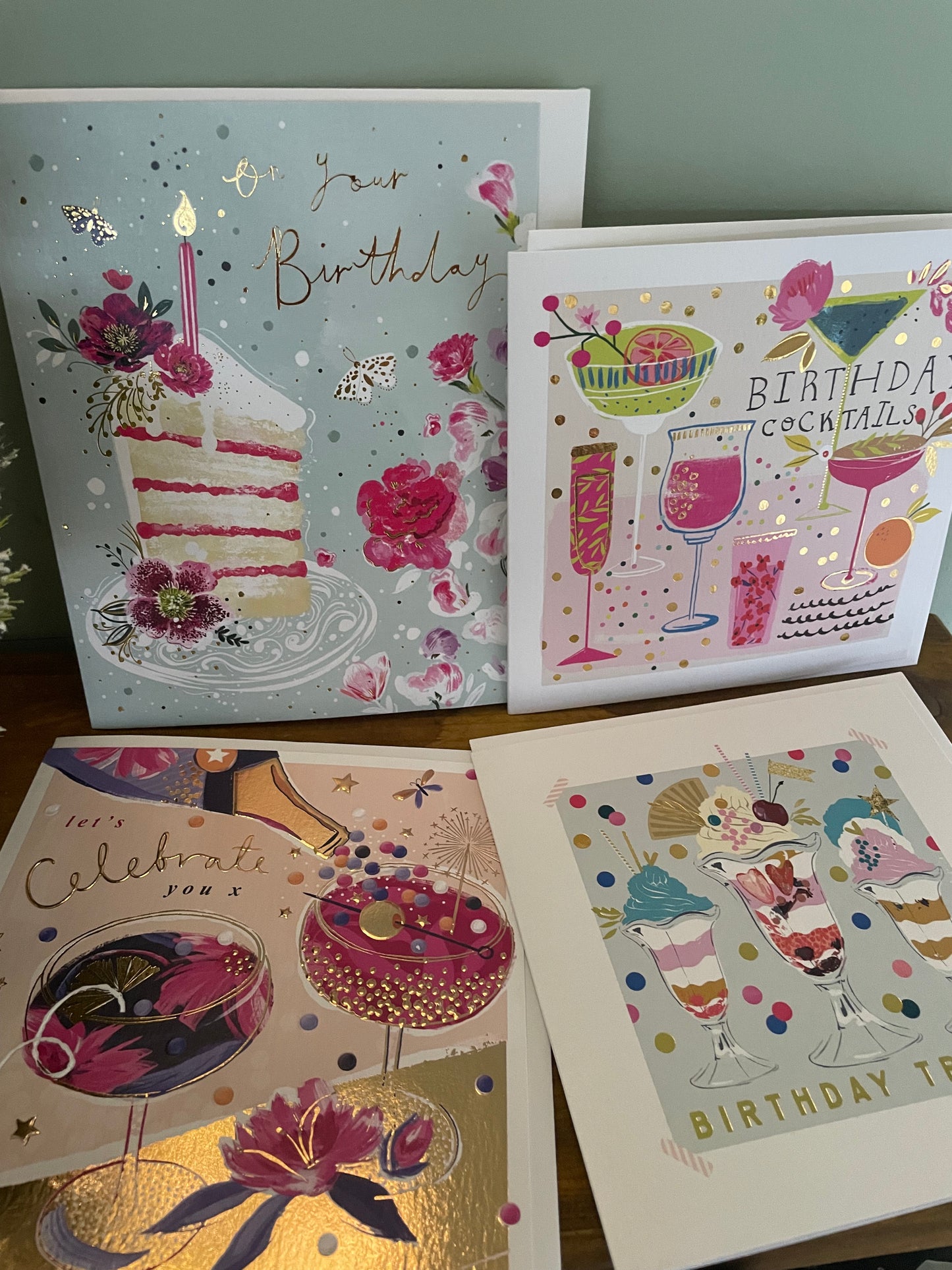 Beautiful card pack of 4 - printed in Britain on 100% recycled card - cake & drinks