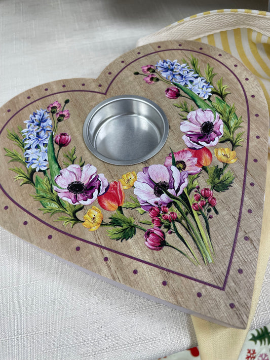 Heart candle holder with hand painted flowers
