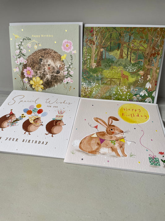 Beautiful card pack of 4 - printed in Britain on 100% recycled card - woodland animals