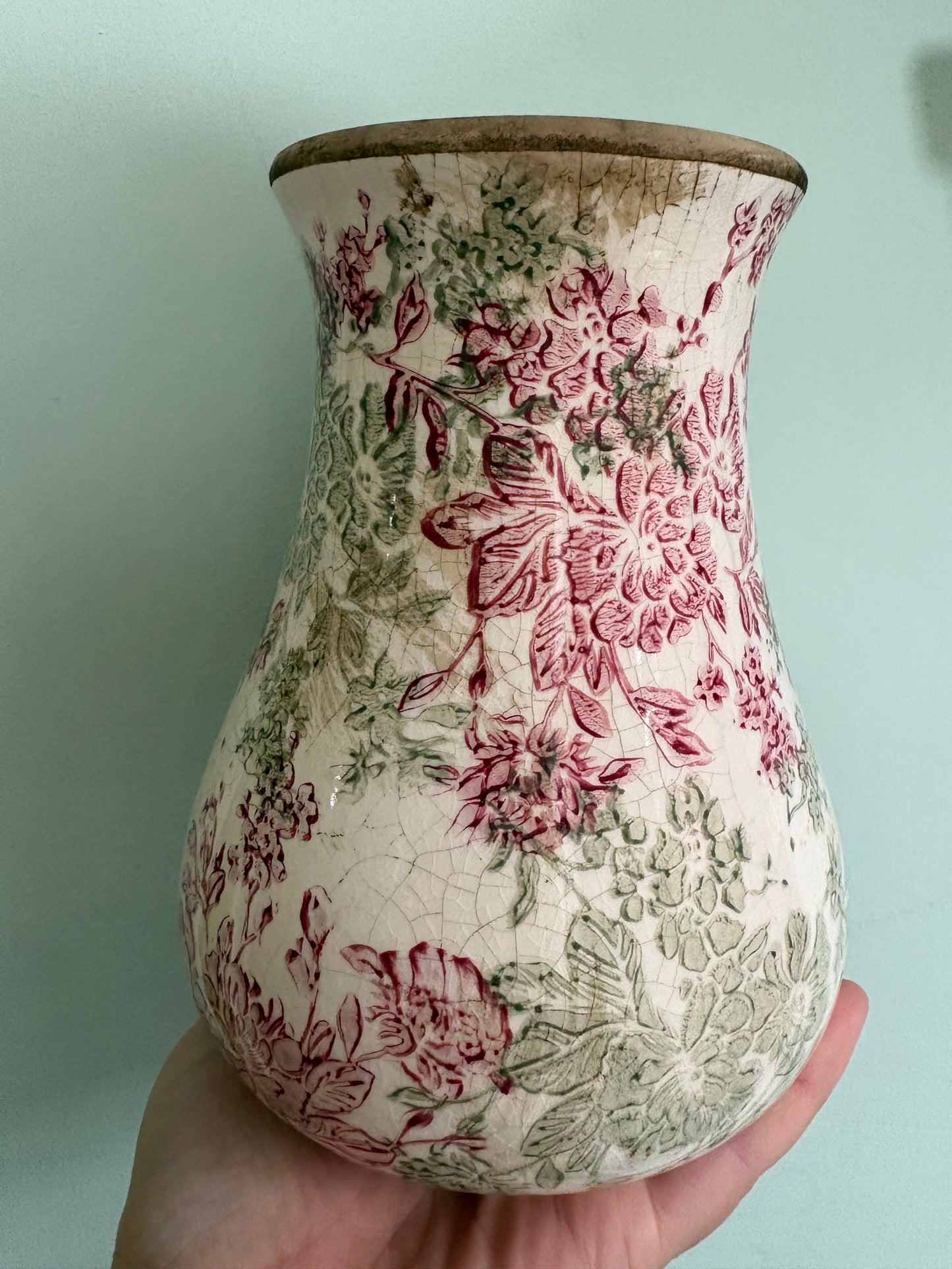 Large stone ware pink and green pattern vase