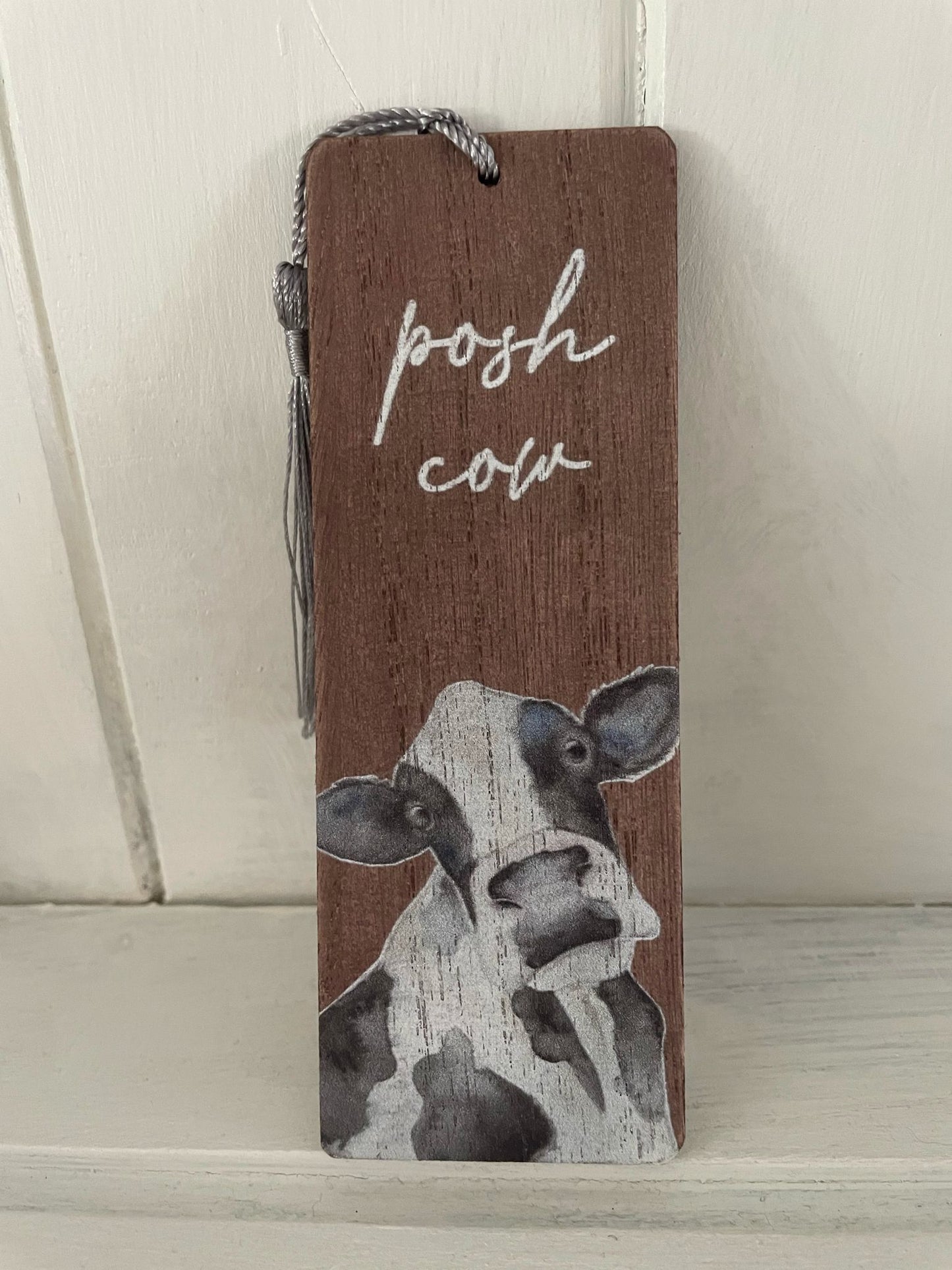 Wood Bookmark With Fun Cow Design Saying “Posh Cow”