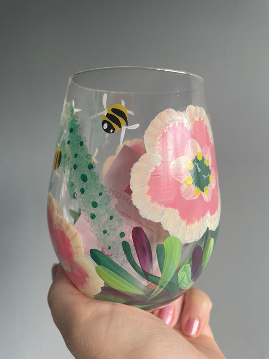 Peony and bee hand painted stemless glass