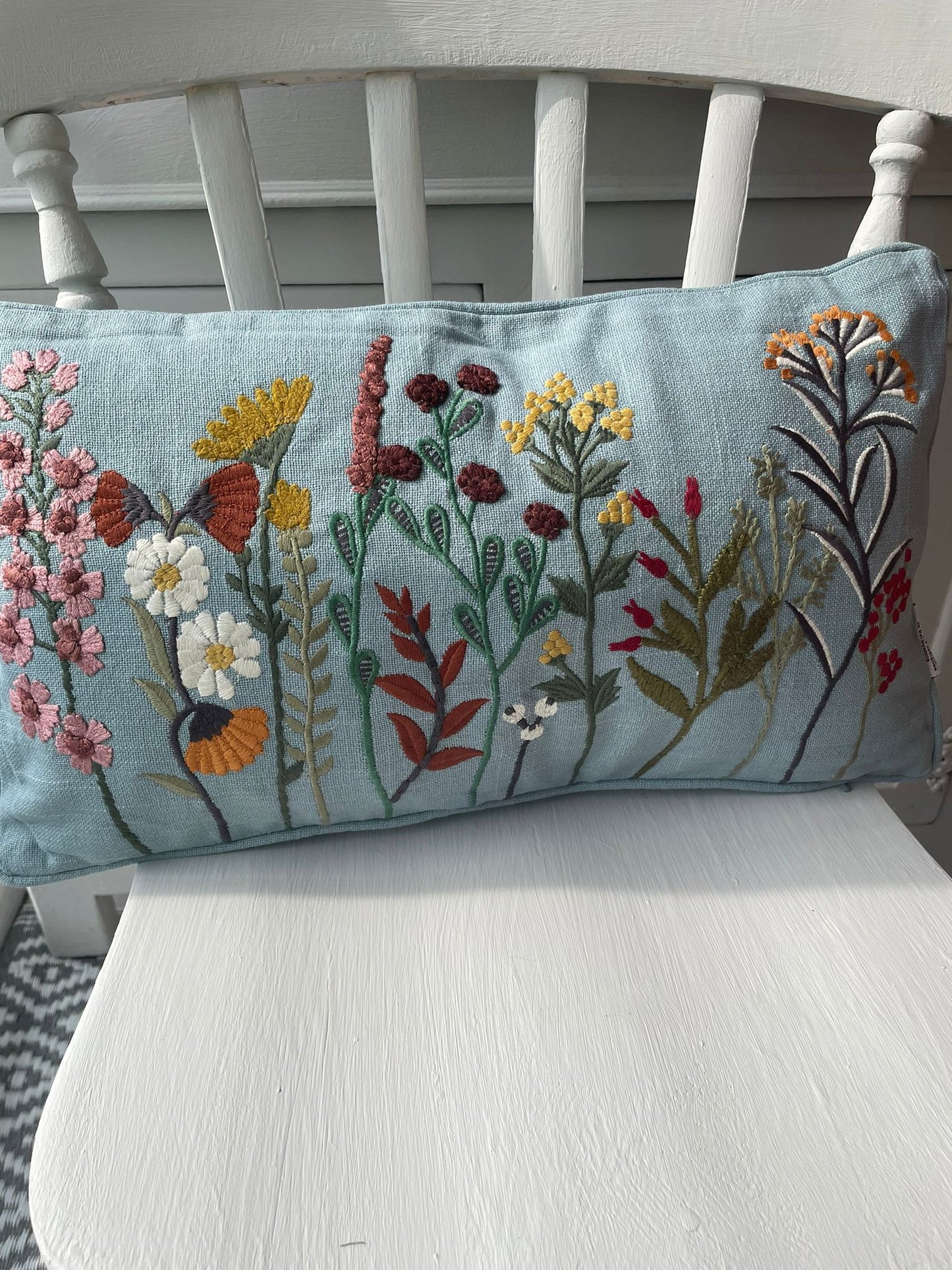 Beautiful embroidered autumnal colour rectangle cushion- blue