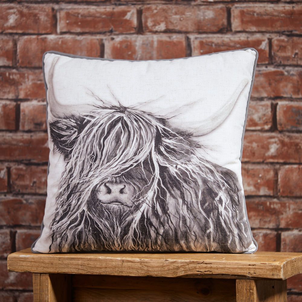 Highland Cow Greyscale Cushion