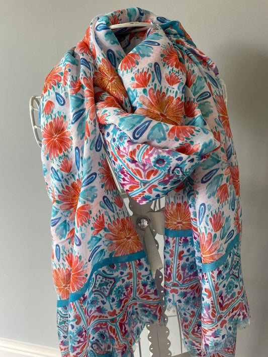 Summer flowers scarf - Orange & Blue