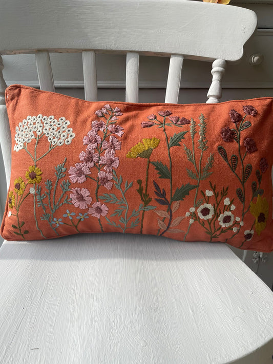 Beautiful embroidered autumnal colour rectangle cushion- orange